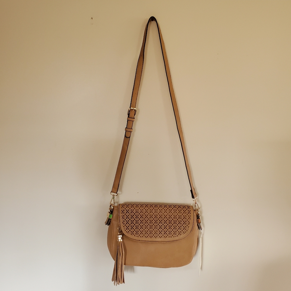 NWT Madison West Faux Leather Tassel Shoulder Bag Gold Details